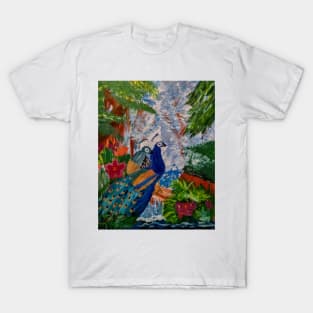 Two peacock sitting on a log branch in a forest with a waterfall in the background. T-Shirt